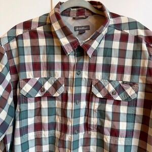 Eddie Bauer Plaid Short‎ Sleeve Shirt Men's 2XL Red Burgundy Green White Classic
